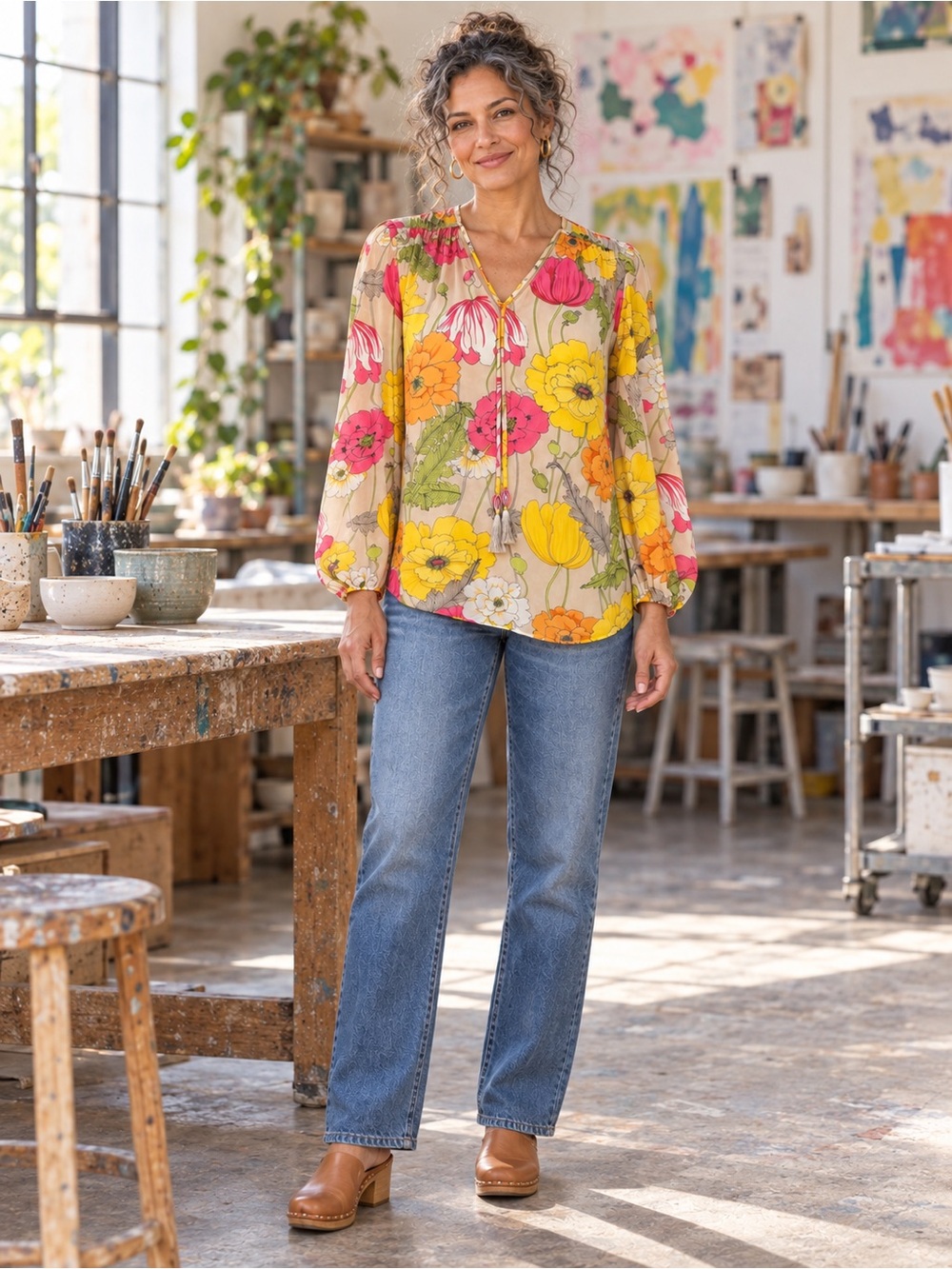 Trina Turk Floral Chiffon Boho Floral Blouse Cream Pink Yellow Orange Size S